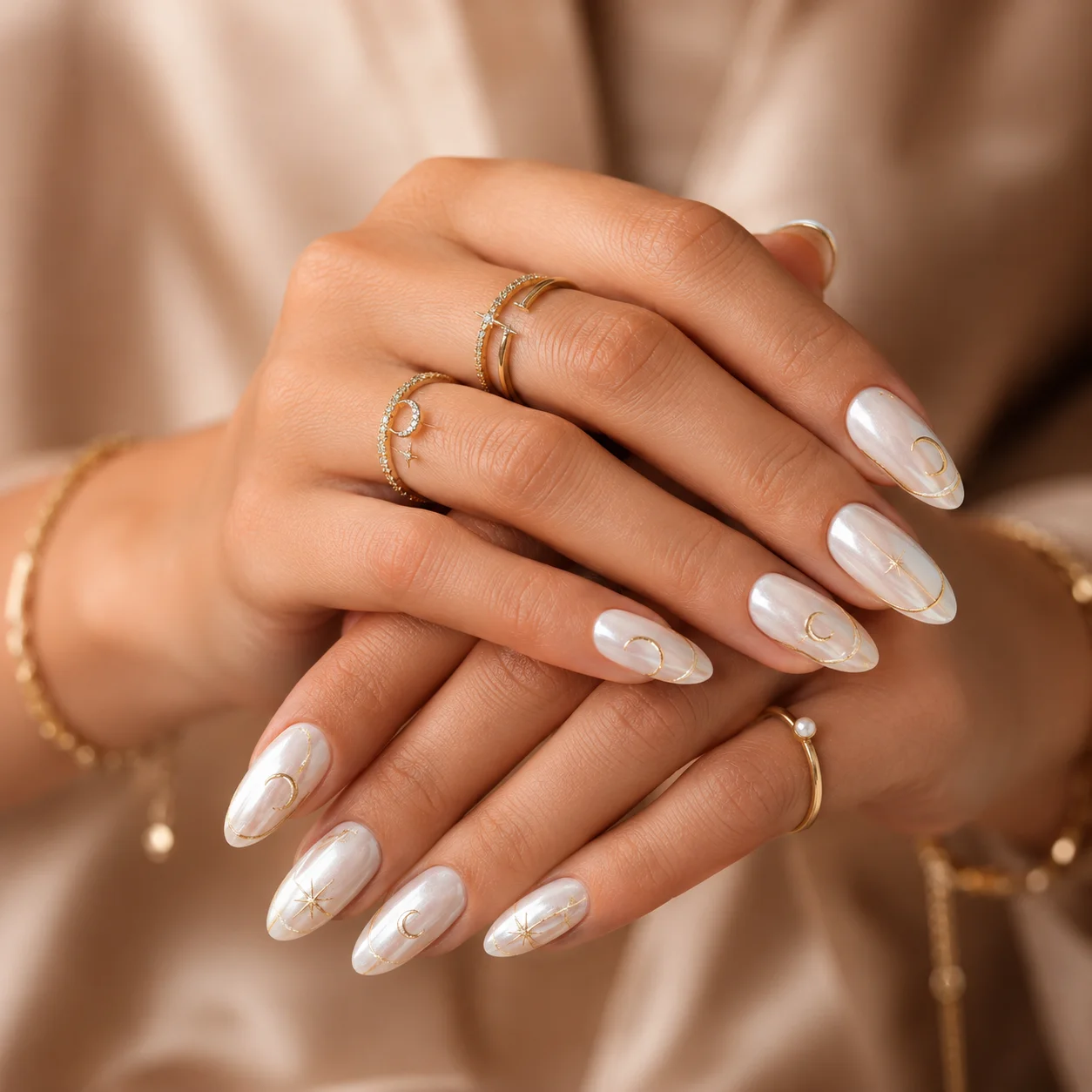 Unhas em tom pérola com detalhes lunares dourados